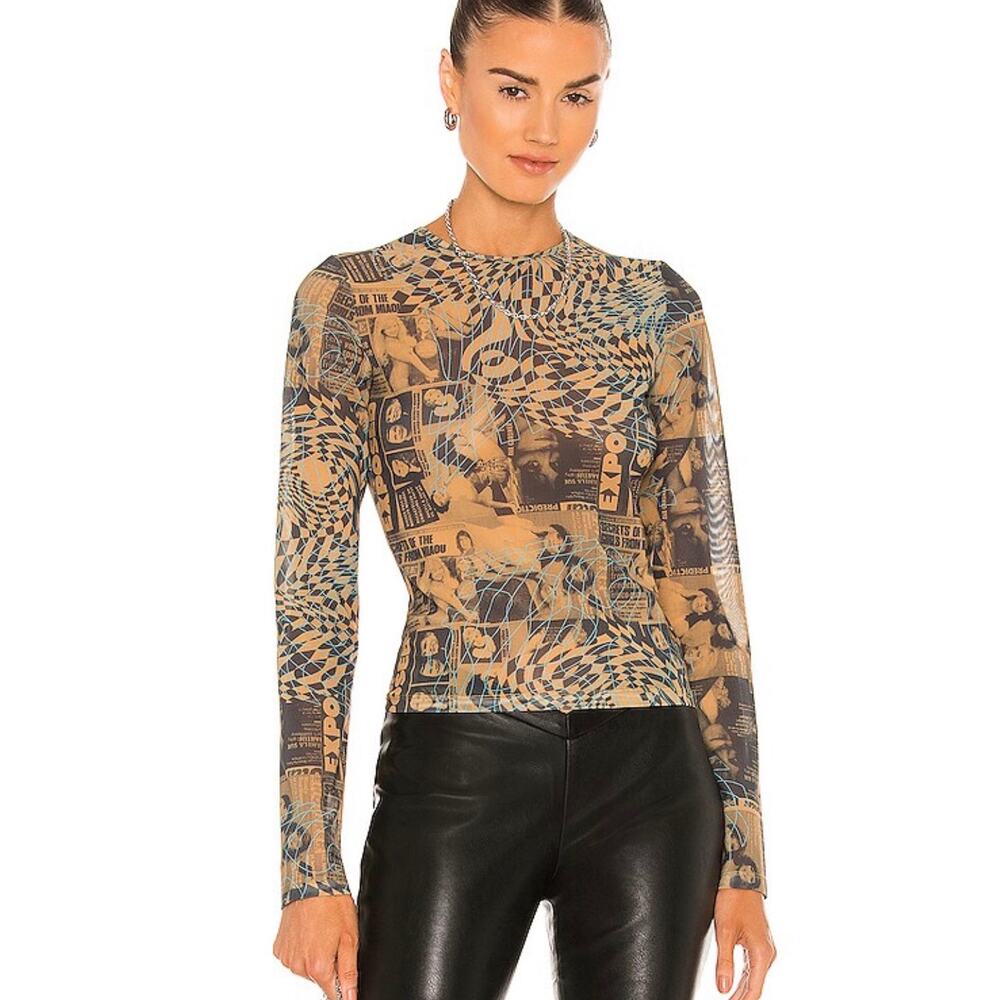 MIAOU Long Sleeve Tee in Wanted Size XS Grunge Streetwear Sheer Magazine‎ Print